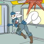 1:1 2016 2_tails anthro big_breasts blue_body blue_fur blue_hair boots breasts caitlyn_(swordfox) clothing color_edit colored crossover door explosion fallout fallout:_pca felid feline female footwear fur generation_6_pokemon gloves_(marking) hair hallway hi_res looking_back mammal markings meowstic microsoft multi_tail muniversalarts nintendo pip-boy pokemon pokemon_(species) pokemorph post-apocalyptic red_eyes running shoes shrapnel solo story story_in_description tail third-party_edit vault_suit white_body white_fur window yellow_sclera