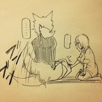 1:1 canid canine clothing comic duo female fur greyscale hair hair_over_eye human japanese_text lila_(kashiwagi_aki) mammal monochrome one_eye_obstructed revoli sketch text translated yakantuzura