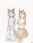 2010 adognamedwad alpha_and_omega anthro bottomwear breasts canid canine canis canon_couple clothing colored_pencil_(artwork) duo female hi_res humphrey_(alpha_and_omega) kate_(alpha_and_omega) male mammal married_couple pants shorts traditional_media_(artwork) wolf year