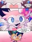 blue_eyes blush comic dawn_(ryder205) dialogue eeveelution ellipsis english_text exclamation_point female_(lore) feral generation_4_pokemon generation_6_pokemon hi_res isaac_(ryder205) leafeon leafeon_sekai love love_at_first_sight male_(lore) nintendo pink_background pokemon pokemon_(species) ryder205 simple_background smile speech_bubble surprised_expression sylveon text