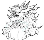 anthro bust_portrait curled_hair dragon female flat_chested hair hi_res inner_ear_fluff long_hair multi_eye mythological_creature mythological_scalie mythology oul'taras portrait scalie sketch slightly_open_mouth solo teeth tsunkiwi_(artist) tuft