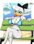 absurd_res anatid anseriform anthro avian big_breasts big_butt bikini bikini_top bird black_bikini black_clothing black_swimwear blue_eyes bodily_fluids breasts butt chair clothing daisy_duck dessert detailed_background disney duck ducktales ducktales_(2017) eyewear female food fur furniture hair heat_(temperature) hi_res ice_cream reymonrr sitting solo sweat swimwear two-piece_swimsuit under_boob white_body white_fur