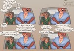 4_panel_comic 5_fingers absurd_res age_difference anthro antlers big_breasts blue_clothing blue_shirt blue_topwear breasts brown_body brown_fur car cleavage clothed clothing comic constrained deer dialogue driving duo english_text eyewear female fingers fur glasses green_clothing green_shirt green_topwear hi_res horn huge_breasts hyper hyper_breasts inside_car inside_vehicle larger_female lighter_belly long_neck male male/female mammal mature_female red_body reptile sandra_(somekindofsnake) scalie scott_(somekindofsnake) shirt simple_background size_difference smaller_male snake somekindofsnake speech_bubble teasing text topwear vehicle younger_male