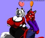 2011 anthro big_breasts bottomwear breasts canid canine canis clothing crossgender deon_(deonwolf) deonwolf digital_media_(artwork) duo exclamation_point female fox ftm_crossgender fur hair heart_symbol huge_breasts male mammal markings mole_(marking) mtf_crossgender open_mouth pants purple_eyes red_body red_fur red_hair ruby_(deonwolf) shirt thick_thighs topwear white_body white_fur white_hair wolf yellow_eyes