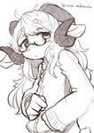 5_fingers anthro artist_name blush bovid caprine clothed clothing eyewear female female_anthro fingers fully_clothed glasses goat hair horn kemono long_hair long_sleeve_shirt looking_at_viewer mammal nakamura neck_tuft simple_background solo standing tuft white_background