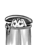 alien ambiguous_gender banana_peel demon_deity feral hiding inside_trash_can lagomorph mammal monochrome simple_background sivkit_(the_nature_of_predators) solo the_nature_of_predators trash_can white_background