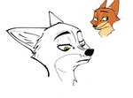 anonymous_artist anthro black_lines black_nose canid canine disney duo feral fox fur green_eyes hi_res jojo's_bizarre_adventure looking_down male mammal nick_wilde practice red_body red_fox red_fur solo true_fox zootopia