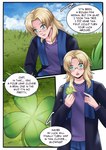 blonde_hair blue_eyes clothed clothing clover_(plant) clover_leaf colored comic dialogue english_text eyewear field_background forced four_leaf_clover glasses grass hair hi_res human human_only leaf long_hair male mammal meowwithme not_furry outside plant pre-transformation solo speech_bubble text