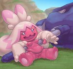 anthro areola bodily_fluids breasts dwarfism female generation_9_pokemon genitals hair hammer hi_res nintendo nipples nude open_mouth pink_areola pink_body pink_hair pink_nipples pokemon pokemon_(species) pussy short_stack slightly_chubby small_breasts solo storagepc sweat thick_thighs tinkaton tools