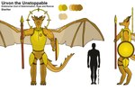 ambiguous_gender anthro armor deity drekmurian female gem gold_(metal) gold_armor halo hi_res horn melee_weapon model_sheet polearm scar shield skyslicer824 solo spear spikes tail tall urvon weapon wings