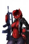 2015 2:3 anthro areola assault_rifle breasts clothing d-lowell earth_pony equid equine famas fan_character female gun hair hasbro hi_res horse jacket looking_at_viewer mammal my_little_pony nipples pony ranged_weapon red_eyes red_hair rifle solo thong topwear underwear weapon