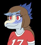 2_frame_animation animated anthro blue_body brown_hair cavemanon_studios clothed clothing dinosaur feathered_dinosaur feathered_scalie feathers female freckled_face freckles hair high_framerate i_wani_hug_that_gator jenine_(iwhtg) long_hair multicolored_hair prehistoric_species red_eyes reptile scalie short_playtime solo two_tone_hair unknown_artist