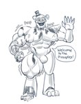 absurd_res animatronic anthro barazoku decay dialogue ear_piercing ear_ring five_nights_at_freddy's five_nights_at_freddy's:_security_breach five_nights_at_freddy's_3 glamrock_freddy greeting greeting_viewer growth hi_res machine male muscle_growth muscular muscular_male nipples null_bulge oblivious pecs piercing ring_piercing robot scottgames solo springtrap_(fnaf) steel_wool_studios swelling tiburalgo transformation unaware unaware_transformation undead wave zombie