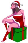 anthro big_breasts breasts brown_hair cavemanon_studios christmas christmas_clothing christmas_headwear christmas_present clothed clothing dinosaur female footwear gift goodbye_volcano_high hair headgear headwear heartsick holidays long_hair looking_at_viewer mature_female pink_body pink_eyes prehistoric_species reptile scalie simple_background sitting skimpy_dress snoot_game socks solo stacy's_mom_(gvh) white_background