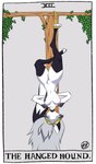 absurd_res anthro bdsm blindfold breasts card collar exposed_breasts female genitals helluva_boss hi_res loona_(helluva_boss) major_arcana nude pussy selfdestructking simple_background solo tarot tarot_card the_hanged_man_(tarot) upside_down