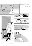 absurd_res anthro atlantica0208 bed bedroom black_and_white canid canine clothing comic disney door english_text fox furniture hard_translated hi_res male mammal monochrome nick_wilde red_fox solo tail text translated true_fox undressing waking_up zootopia