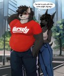 aamina_(silverfang725) anthro black_hair black_text blue_bottomwear blue_clothing blue_jeans blue_pants blush bottomwear brown_eyes canid canine canis city clip_studio_paint_(artwork) clothing denim denim_bottomwear denim_clothing dialogue digital_media_(artwork) duo english_text female furgonomics hair hand_behind_head hi_res jackal jeans male male/female male_feedee mammal outside overweight overweight_anthro overweight_male pants plant red_clothing red_shirt red_topwear shirt silverfang725 speech_bubble story story_in_description tail tank_top text topwear tree weight_gain white_clothing white_shirt white_tank_top white_text white_topwear zack_(silverfang725)