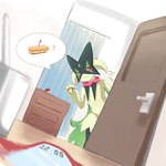 door flower food fur generation_9_pokemon green_body hi_res looking_at_viewer lunch mask meowscarada nintendo plant pokemon pokemon_(species) red_eyes sandwich_(food) xiwomo