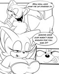 4:5 anthro breasts butt cleavage clothed clothing comic dialogue duo english_text female greenhill grinding male miles_prower monochrome rouge_the_bat sega sonic_the_hedgehog_(series) speech_bubble teeth text