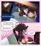 3d_(artwork) animal_crossing anthro bed big_breasts big_butt breasts brown_body brown_fur brown_hair butt clothed clothing comic dialogue digital_media_(artwork) duo english_text eulipotyphlan eyewear freckles fur furniture glasses gynomorph hair hedgehog hi_res human intersex intersex/male lamp lying lying_on_bed male mammal nightstand nintendo nipples nude on_back on_bed on_bottom on_side on_top partially_clothed pillow rectangular_glasses rev_(revhearts) revhearts sable_able shirt speech_bubble tail tank_top text topwear under_covers watermark