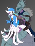 anthro armor arms_tied bound destiny_(video_game) duo eliksni gardevoir generation_3_pokemon genitals hands_behind_back hi_res male male/male nervous nevan_nedall_(colorist) nintendo on_lap penis pokemon pokemon_(species) thelionfish threatening_with_weapon