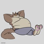 1:1 absurd_res anthro belly big_belly bottomwear canid canine canis clothing dreamworks fattytober feet hi_res male male_anthro mammal mindof moobs morbidly_obese mr._wolf_(the_bad_guys) obese overweight overweight_male pants paws solo sweatpants the_bad_guys thick_arms tight_clothing weight_gain wolf