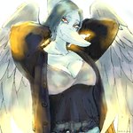 1:1 2024 alternate_costume anthro artist_name biped black_clothing black_jacket black_topwear blue_body blue_scales bone_frill breasts button_(fastener) clothed clothed_anthro clothed_female clothing colored dark_rya eyebrows fang_(gvh) feathered_wings feathers female frill_(anatomy) frilly frilly_clothing front_view goodbye_volcano_high grey_body grey_feathers grey_hair hair half-length_portrait hands_behind_head happy hi_res jacket long_hair looking_at_viewer medium_breasts non-mammal_breasts orange_eyes portrait prehistoric_species pterodactylus pterosaur reptile scales scalie shaded simple_background smile solo topwear white_background wings