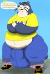 alythewolfcat animal_crossing anthro belly big_belly big_bulge bottomwear bulge clothing crossed_arms english_text eyewear glasses hi_res huge_belly huge_bulge hyper hyper_bulge lyle_(animal_crossing) male mammal morbidly_obese mustelid nintendo obese otter overweight overweight_male shirt shorts solo text topwear wearing_glasses