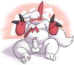 absurd_res anthro balls belly blush bodily_fluids digital_media_(artwork) erection foreskin fur generation_3_pokemon genital_fluids genitals hi_res humanoid_genitalia kemono looking_at_viewer male moobs navel nintendo nude overweight overweight_anthro overweight_male pawpads paws penis pokemon pokemon_(species) precum red_body red_fur reddo12340 reverse_zangoose_day shocked simple_background sitting sitting_on_ground solo spread_legs spreading sweat tears white_body white_fur zangoose