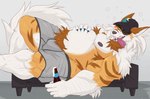 alcohol anthro archie_(isaacyote) beer beverage biped canid canine claws clothing fangs finger_claws fur furniture hat headgear headwear hi_res isaacyote_(artist) lying male mammal muscular muscular_anthro muscular_male on_back pubes simple_background sofa solo teeth underwear