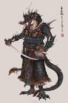 2021 anthro armor asian_clothing asian_mythology barefoot chinese_clothing chinese_text clothing dao_(sword) dragon east_asian_clothing east_asian_mythology eastern_dragon fantasy feet hi_res lamellar_armor looking_at_viewer melee_weapon muyang_fort mythological_creature mythological_scalie mythology open_mouth scalie solo sword tail text twenty-eight_mansions warrior weapon