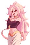 2018 absurd_res alien alien_humanoid andoid_21 armwear bandeau bottomwear bracelet breasts clothing collar dragon_ball dragon_ball_fighterz ear_piercing ear_ring enecoo female hair hi_res humanoid humanoid_pointy_ears jewelry long_hair majin majin_android_21 midriff navel not_furry open_mouth pants piercing pink_body pink_skin red_eyes ring_piercing simple_background solo teeth tongue topwear white_background white_hair