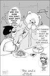 2024 anthro bear bepo_(one_piece) black_border border clothing comic dialogue ear_piercing ear_ring english_text eyes_closed food group hat headgear headwear hi_res human male mammal minkmen_(one_piece) monochrome nekokat42 one_piece overweight piercing polar_bear ring_piercing text trafalgar_law ursine