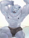 3:4 abs anthro bandai_namco big_bulge briefs bulge clothing detailed_bulge digimon digimon_(species) fug@9 fur iceleomon male mane muscular muscular_anthro nipples pecs shirtless solo underwear white_body white_fur