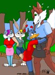 anthro binky_bunny_(rutwell) black_nose blonde_hair blue_body blue_eyes blue_fur bodily_fluids bottomless bottomwear breasts buckteeth canid canine clothed clothing dipstick_tail female flying_sweatdrops forest fox fur green_eyes group hair harley_(kthanid) heart_symbol hug joy_bunny kthanid_(artist) lagomorph leporid male male/female mammal markings monotreme older_male_younger_female outside pink_nose plant platypus purple_hair rabbit rutwell_forest sheila_platypus shorts shrub skirt sweat sweatdrop tail tail_markings tan_body tan_fur teeth tree