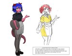 anthro apron atlus blue_hair bow_accessory catherine_(video_game) cavemanon cavemanon_studios clothed clothing concept_art duo english_text female hair hi_res long_tail looking_at_viewer pink_body red_hair reptile rexhastala scalie sega short_hair simple_background sketch snoot_game standing tail text waiter waiter_tray waitress_uniform white_background