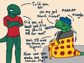 Rating: e
ID: 5725257
Date: 2025-07-21 21:00:27 -0400
Status: pending
Score: 21
4:3 anthro bedding blanket bottomless broccoli_gardener_(qwaxi~lixard) brother_(lore) casual_exposure clothed clothing duo english_text greenbean_gardener_(qwaxi~lixard) icepack ill lizard male male/male nonbinary_(lore) qwaxi~lixard reptile scalie sibling_(lore) text post #5725257