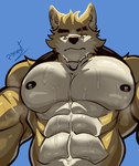 abs anthro barazoku biceps bodily_fluids canid canine canis clothing cooper_krager digital_media_(artwork) eyebrows hi_res looking_at_viewer male mammal muscular muscular_anthro muscular_male nipples pecs pecs_focus perspective pinumontbalou remember_the_flowers scar shirt shirt_collar simple_background smelly solo sweat sweaty_body topwear white_sclera wolf yellow_body