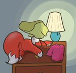 ambiguous_gender animate_inanimate anthro candy_(krackdown9) canid canine clothing dresser fox furniture krackdown9 lamp living_plushie low_res mammal plushie red_body solo young young_ambiguous young_anthro