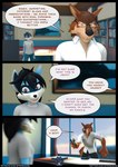 3d_(artwork) anthro black_hair blue_body blue_fur bookshelf brown_body brown_fur canid canine canis comic comic_panel dialogue digital_media_(artwork) door dransvitry english_text female fur furniture hair hi_res lance_(striped_sins) male mammal office procyonid raccoon ryder_(striped_sins) speech_bubble striped_sins text url willitfit window wolf