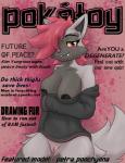 2018 anthro anthrofied black_body black_fur blush bottomless breast_support breasts canid canine canis clitoris clothed clothing cover digital_media_(artwork) dunewulff english_text female fur generation_3_pokemon genitals grey_body grey_fur hair hi_res looking_at_viewer magazine magazine_cover mammal multicolored_body nintendo nipples partially_clothed pink_background pink_hair pokemon pokemon_(species) pokemorph poochyena pussy sharp_teeth simple_background smile solo sweater teeth text topwear two_tone_body