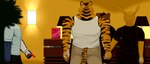 7:3 anthro bottomwear clothed clothing digital_media_(artwork) english_text felid felidae feline fur group hand_holding hi_res itstoshi kangaroo macropod male male/male mammal marsupial muscular muscular_anthro muscular_arms muscular_male pantherine rear_view shaded shirt stripes tail tank_top text tiger topwear yellow_body yellow_fur