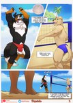 absurd_res anthro beach bernese_mountain_dog biped bulge canid canine canis clothing comic detailed_bulge digitigrade domestic_dog english_text folsky good_boy group hi_res lucas_(lucasreturns) male male_anthro mammal molosser mountain_dog outside plantigrade speedo sport swimwear swiss_mountain_dog text tongue tongue_out trio url volleyball