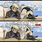 Rating: s
ID: 5582078
Date: 2025-05-18 18:44:00 -0400
Status: active
Score: 29
anthro binoculars black_bars black_body black_fur bodily_fluids brown_eyes clothing cloud combat_cat_studio comic cross-popping_vein dialogue duo english_text female fur gloves green_eyes gun hair handwear herpestid hi_res letterbox male mammal marquez_(wild_assault) meerkat mephitid military_uniform raised_tail ranged_weapon rifle rifle_scope sand sandbag skunk sweat sweatdrop tail tail_motion tailwag tan_body tan_fur tan_hair text thibbycat uly_(wild_assault) uniform weapon white_hair wild_assault post #5582078