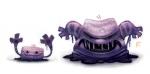 ambiguous_gender angry black_eyes digital_media_(artwork) digital_painting_(artwork) duo generation_1_pokemon goo_creature grimer looking_at_viewer muk nintendo open_mouth piper_thibodeau pokemon pokemon_(species) purple_body simple_background slime smile white_background