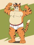 anthro barefoot black_eyes black_nose briefs briefs_only brown_body brown_fur clothed clothing detailed_background eyebrows feet felid flexing_muscles fur green_background heyitscousindave hi_res male mammal markings musclegut muscular muscular_male navel nipples orange_body orange_fur overweight overweight_male pantherine red_waistband sharp_teeth simple_background smile solo striped_markings stripes tan_background tan_body tan_fur teeth teeth_showing thick_eyebrows tiger tighty_whities topless underwear underwear_only white_briefs white_clothing white_underwear