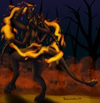 absurd_res anthro black_body blade_arm burning butt dancing female fire firelight happy hi_res hybrid markings melee_weapon pawpads polearm scale_markings scales scalie scythe solo thehatredburrito weapon