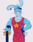 2023 abs absurd_res anthro biceps blue_body blue_fur blue_hair buckteeth bulge clothed clothing digital_media_(artwork) ear_piercing ear_ring eyebrows fingerless_gloves five_nights_at_freddy's fully_clothed fur glamrock_bonnie_(fnaf) gloves guitar hair half-closed_eyes handwear hi_res kogito lagomorph leporid male mammal muscular muscular_anthro muscular_male musical_instrument narrowed_eyes pecs piercing plucked_string_instrument rabbit red_eyes ring_piercing scottgames smile solo string_instrument sweatband teeth