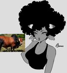 2022 afro animal_humanoid bare_shoulders big_breasts big_hair black_clothing black_shirt black_topwear bovid bovid_humanoid bovine bovine_humanoid breasts cattle_humanoid cleavage clothed clothing dark_body dark_skin ear_piercing ear_ring ear_tag ears_down eyelashes female hair hi_res horn humanoid lips looking_at_viewer mammal mammal_humanoid mole_under_mouth piercing pivoted_ears reference_image ring_piercing shirt solo thick_lips topwear ushiji