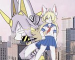 5:4 anthro blonde_hair canid canine clothing collar duo female female/female fox fur hair hi_res kemono kemonoyao legwear machine mammal mecha robot school_uniform standing stockings uniform white_body white_eyes white_fur yellow_eyes